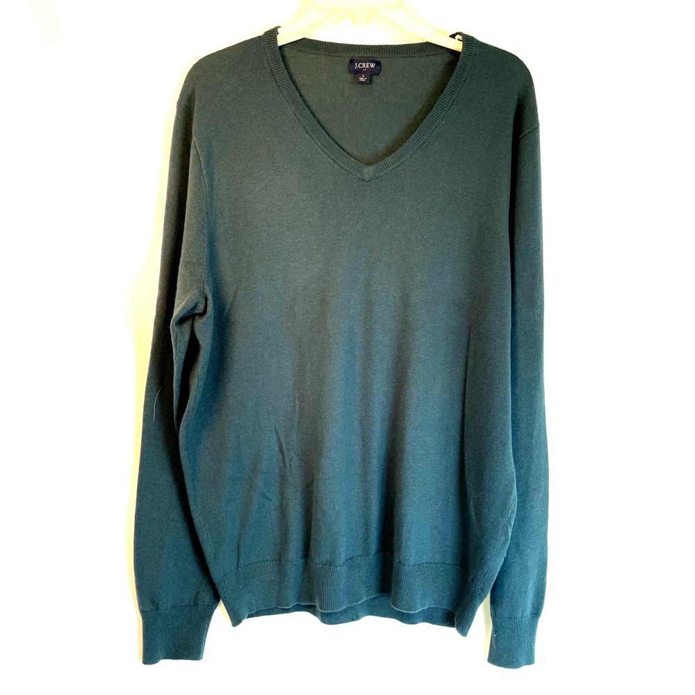 J.Crew Sweater Merino Wool Blend Vneck L Hunter Green Lightweight Long Sleeve